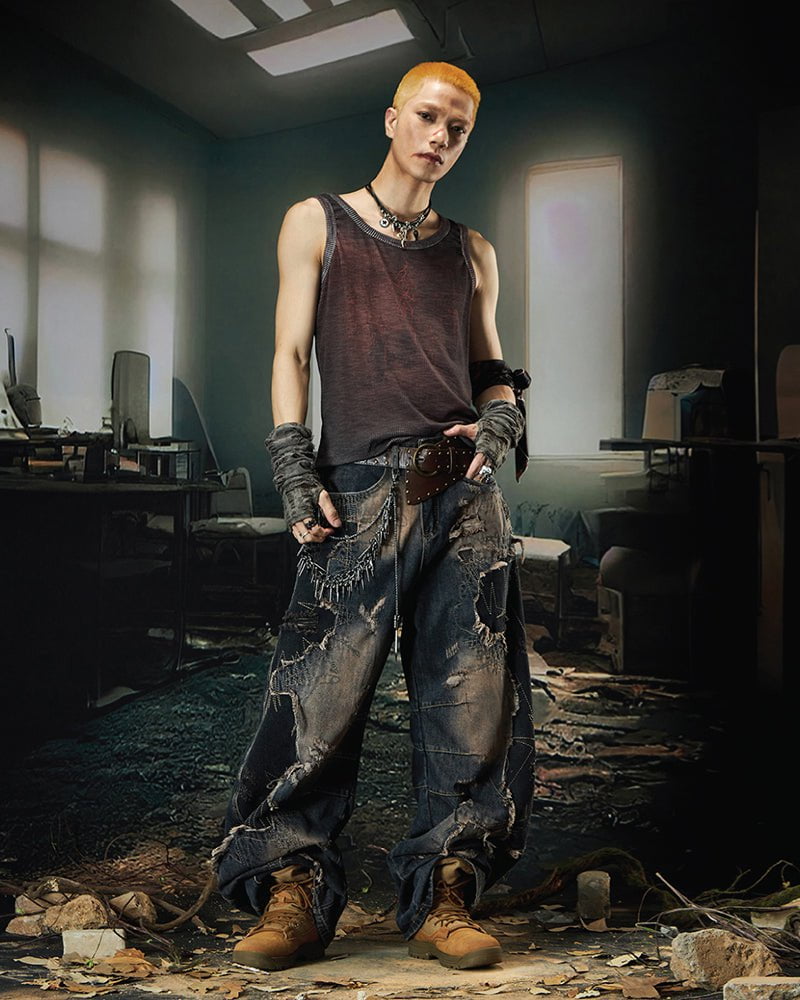 Deconstructed Washed Patchwork Blade-Cut Jeans