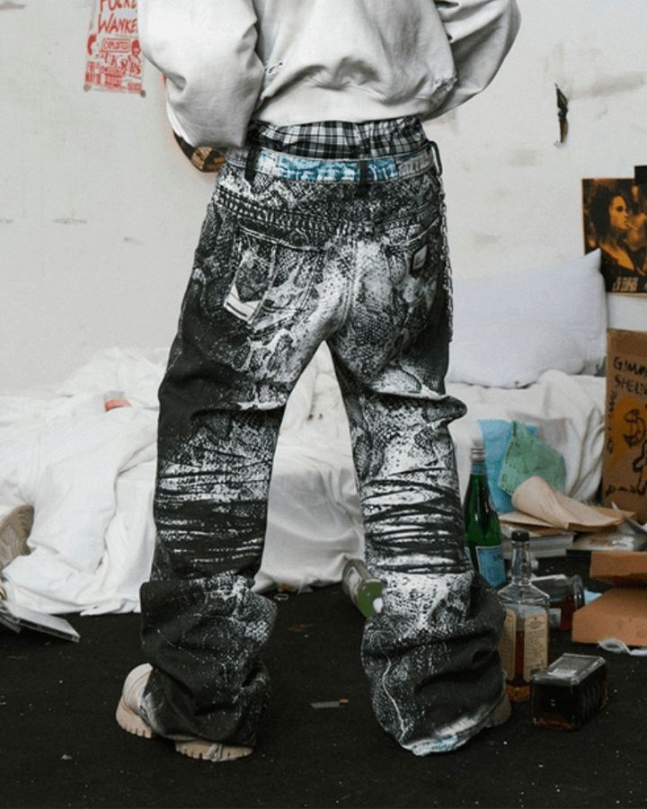 Grunge Snake Print Stacked Washed Jeans