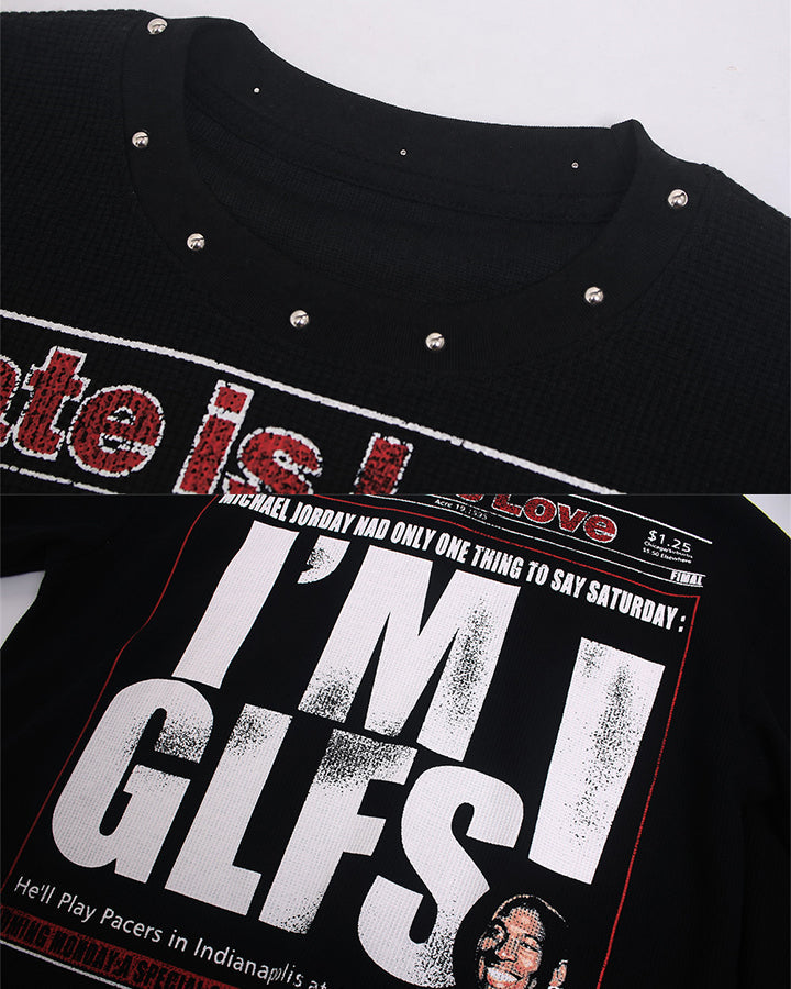 GRYFT Street Newspaper Graphic Studded Long-Sleeve T-Shirt