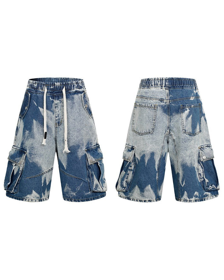 GRYFT Utility Dark-Wash Drawstring Cargo Wide Denim Shorts