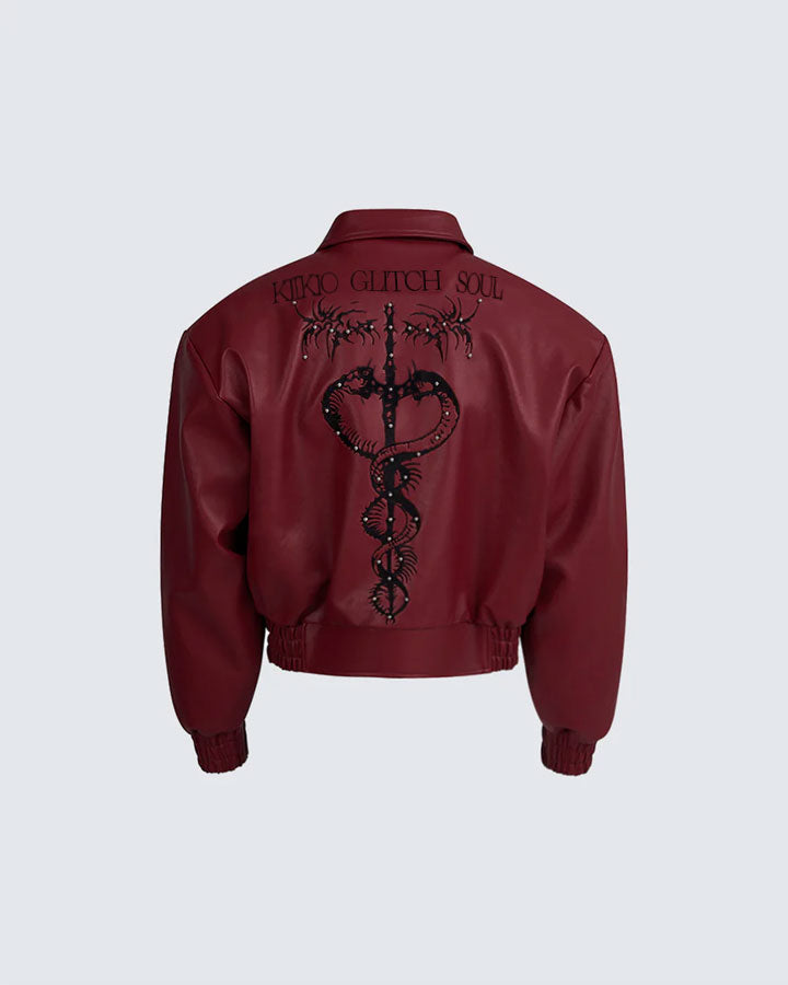 Embroidered Faux Leather Moto Jacket