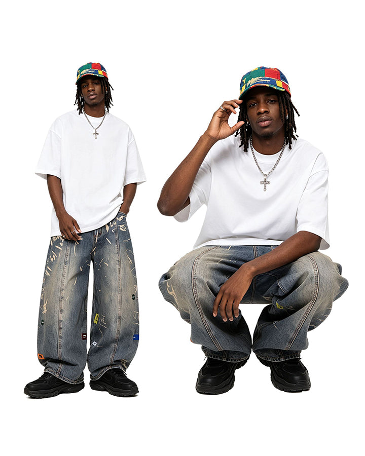 Vintage Graffiti Print Wide Leg Denim Pants New