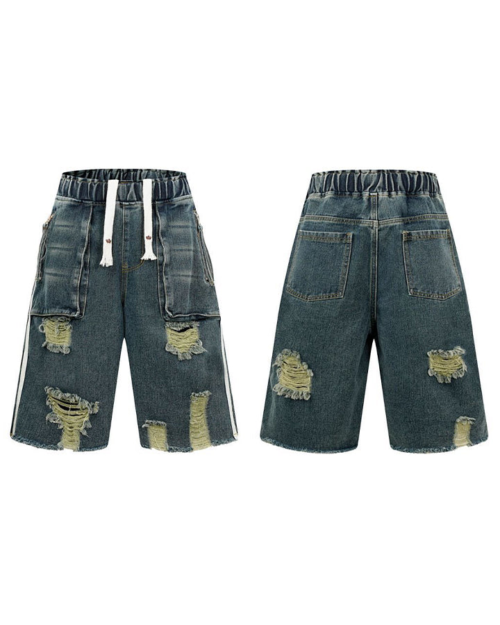 Grunge Drawstring Pocket Distressed Wide Denim Shorts