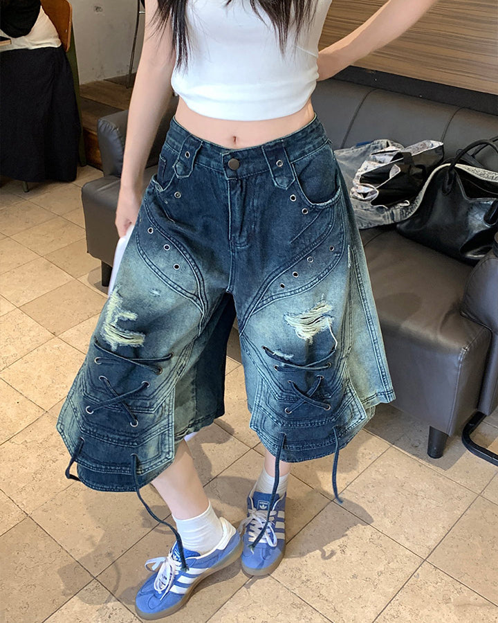Distressed Lace-Up Washed Denim Shorts New