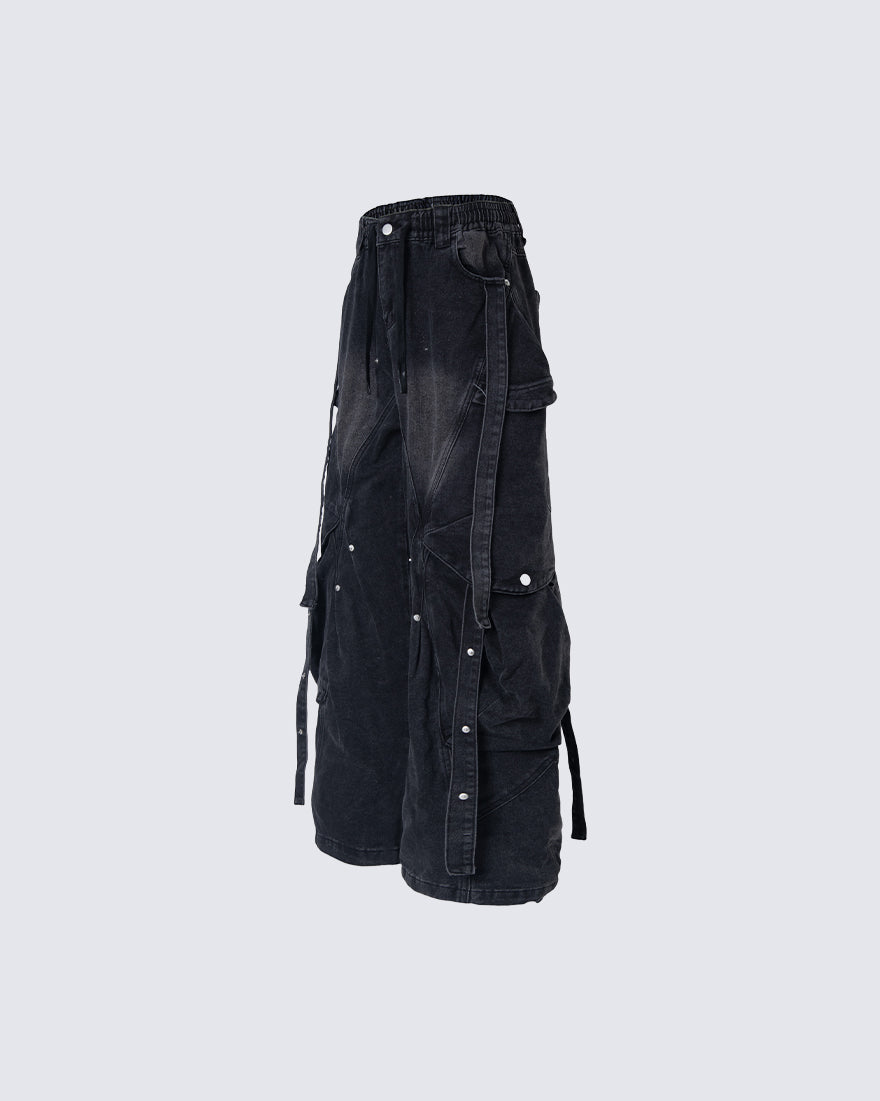 New Dark Washed Utility Strap Wide Leg Jeans
