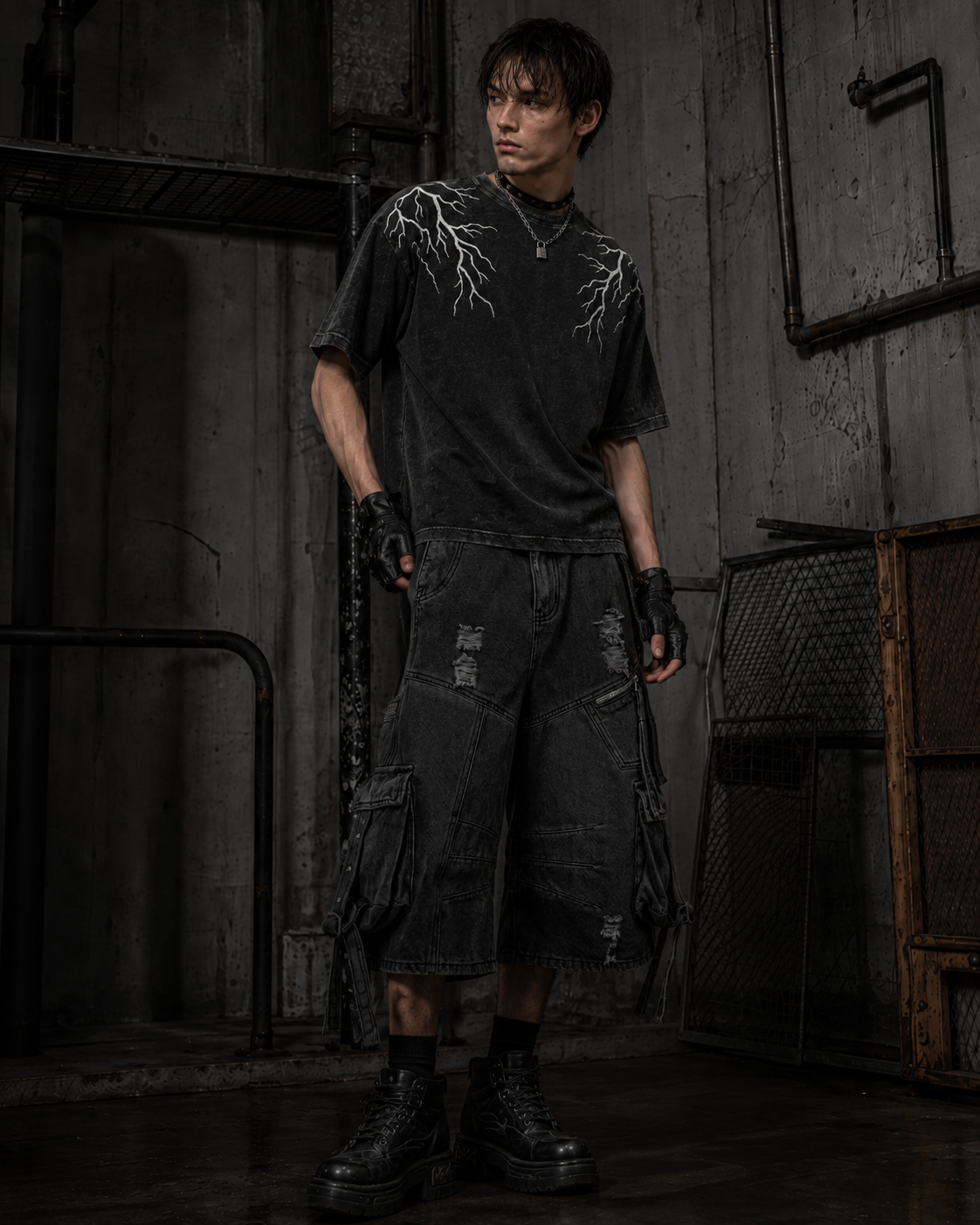 Dark Distressed Street Style Workwear Capri Pants