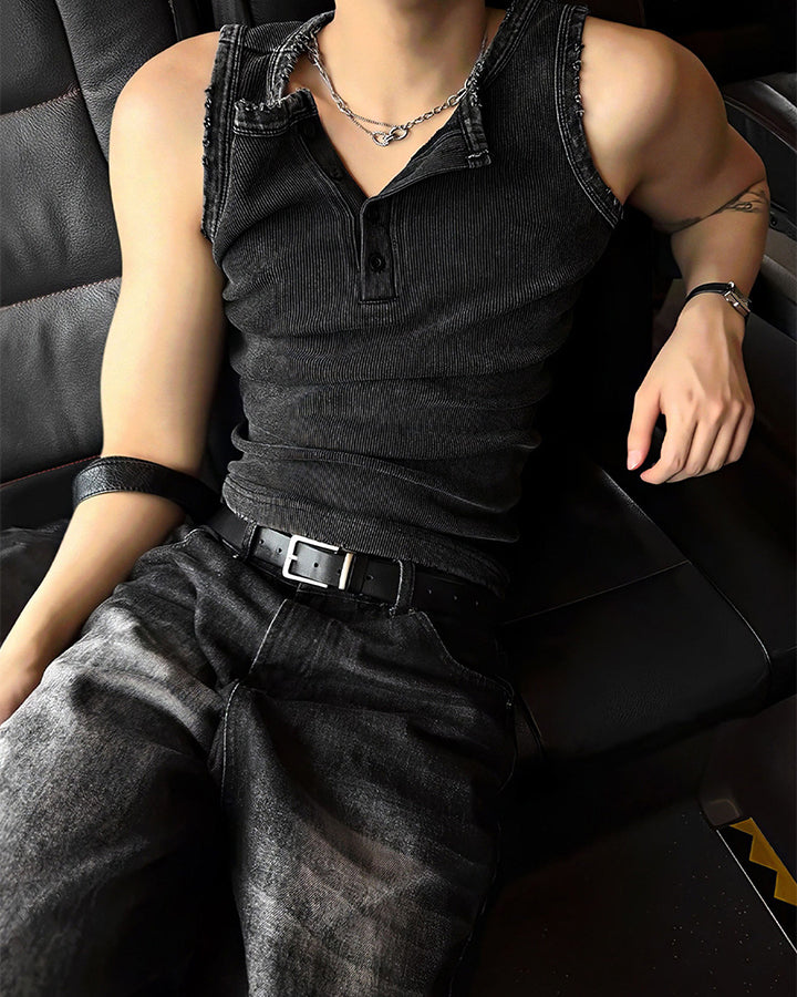 GRYFT Vintage Washed Henley Neck Slim Fit Ribbed Tank Top
