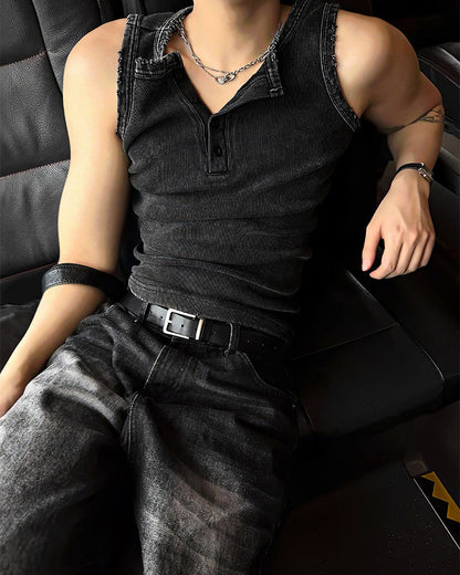 GRYFT Vintage Washed Henley Neck Slim Fit Ribbed Tank Top