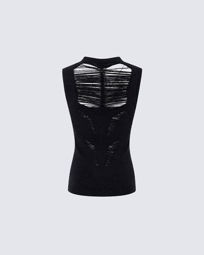New Dark Distressed Cutout Sleeveless Knit Top
