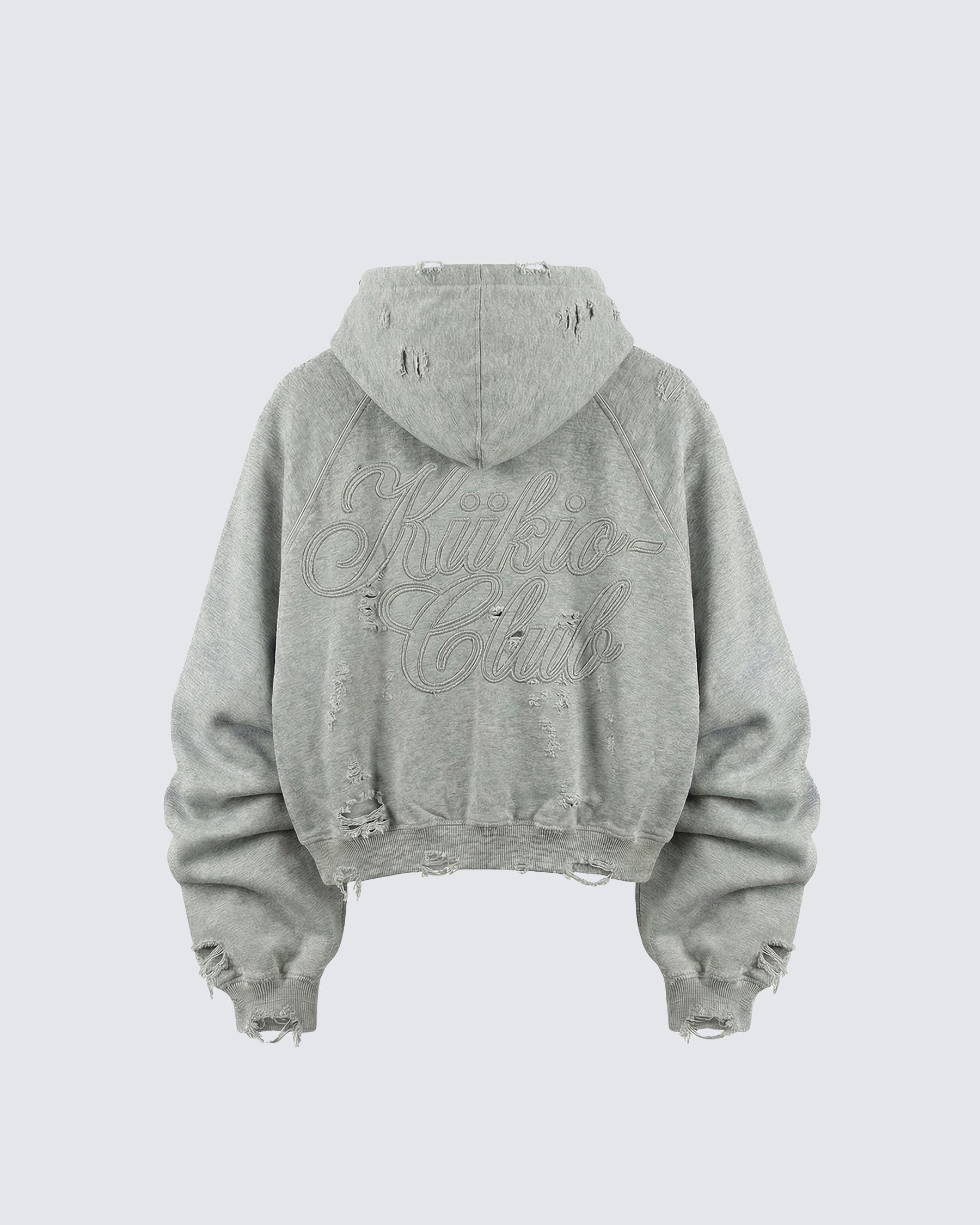 LOW SATURATION-Distressed Cropped Zip-Up Hoodie
