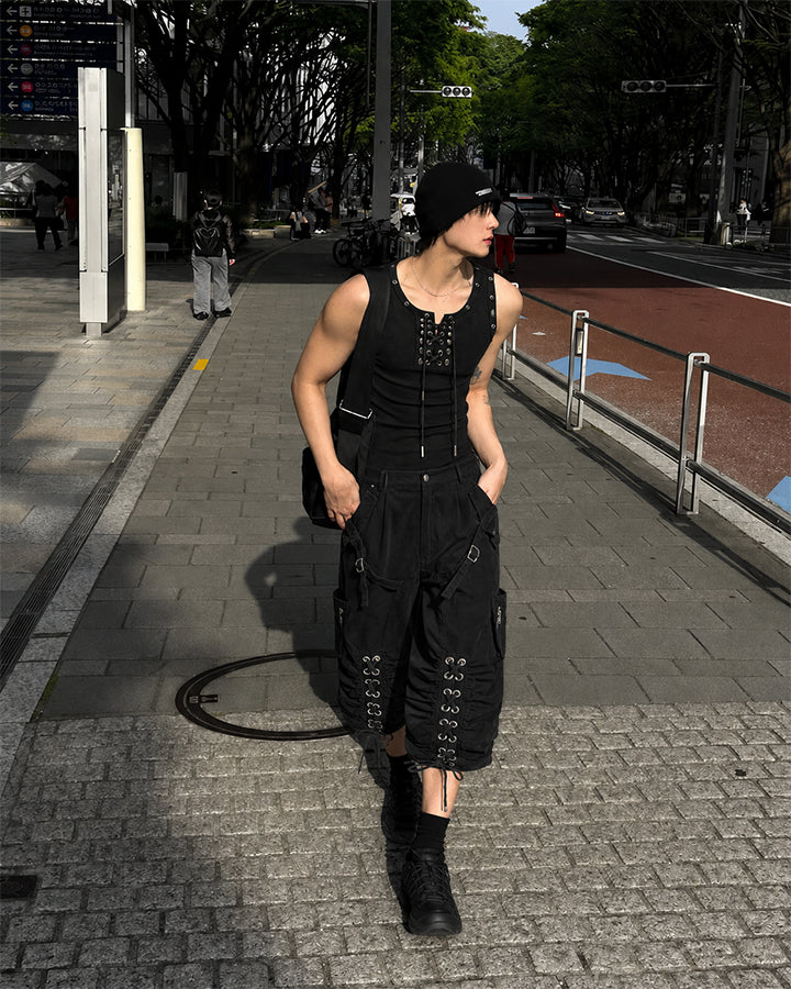 American Punk Lace-Up Rivet Tank Top New