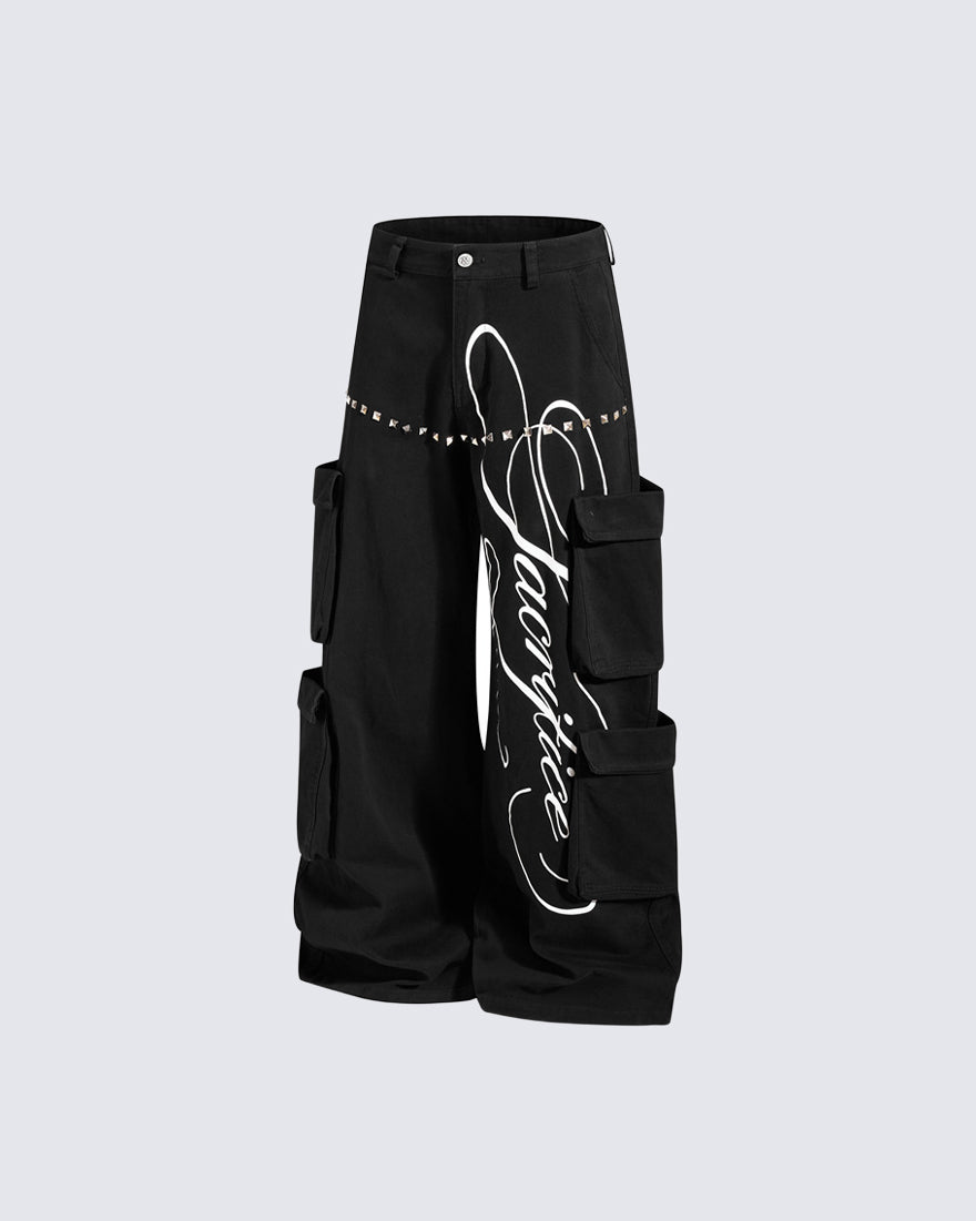 GRYFT Street Studded Graphic Multi-Pocket Wide-Leg Pants
