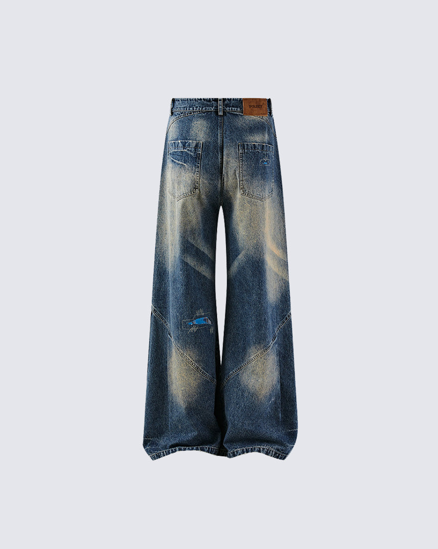 New Vintage Grunge Washed Patchwork Wide Barrel Jeans