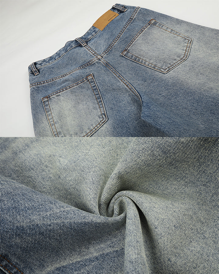 Retro Washed Whisker-Effect Denim Shorts