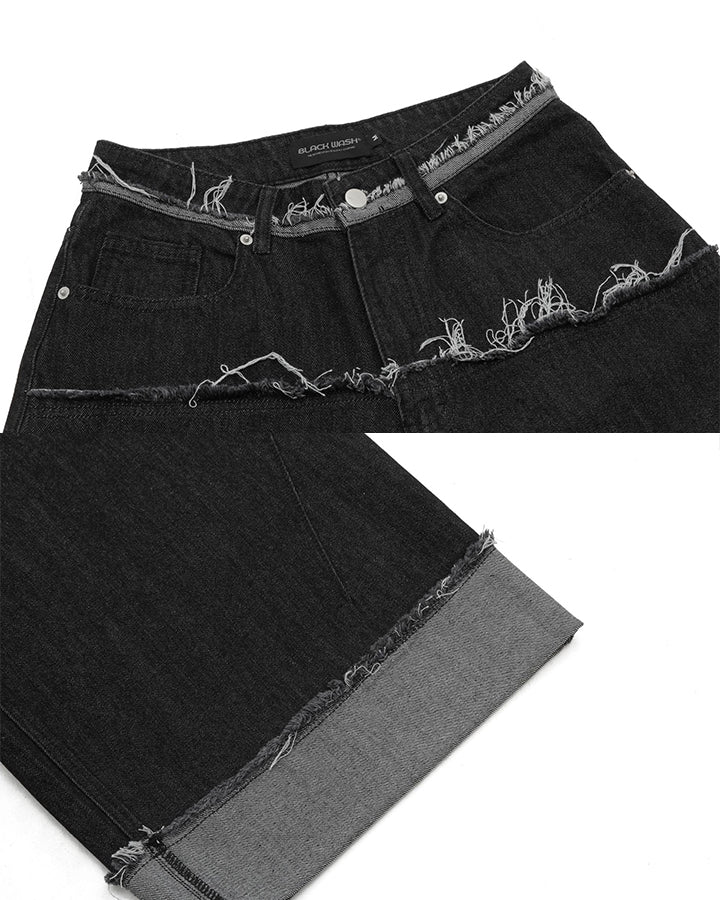 New Dark Raw Edge Cuffed Wide Denim Shorts