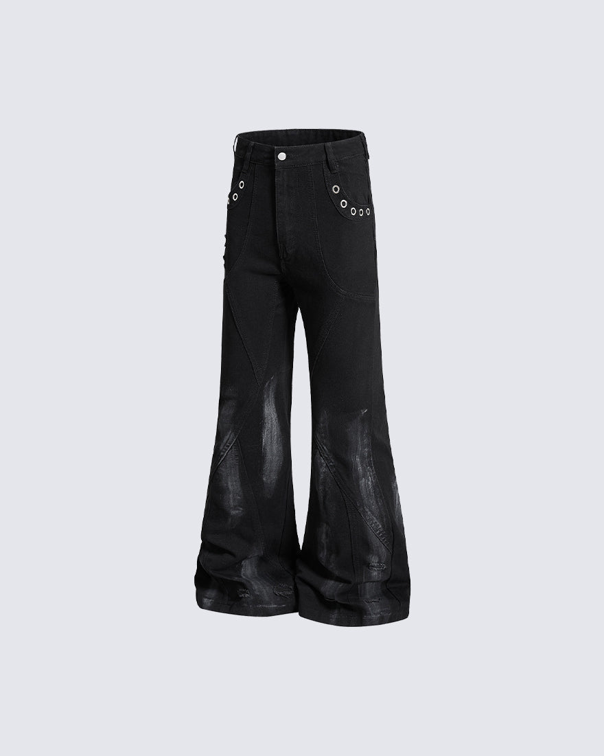 New Dark Gothic Punk Eyelet Zipper Flare Jeans