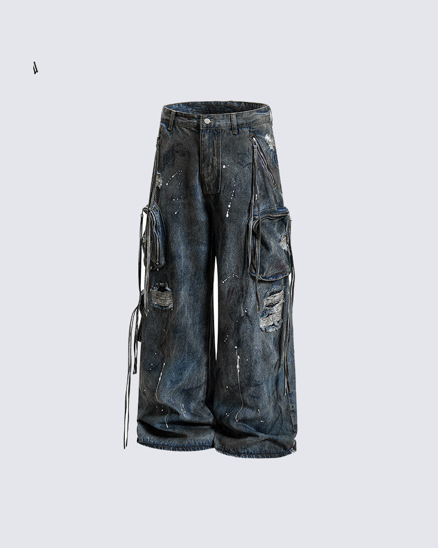 Paint Splatter Cargo Wide Leg Denim Pants