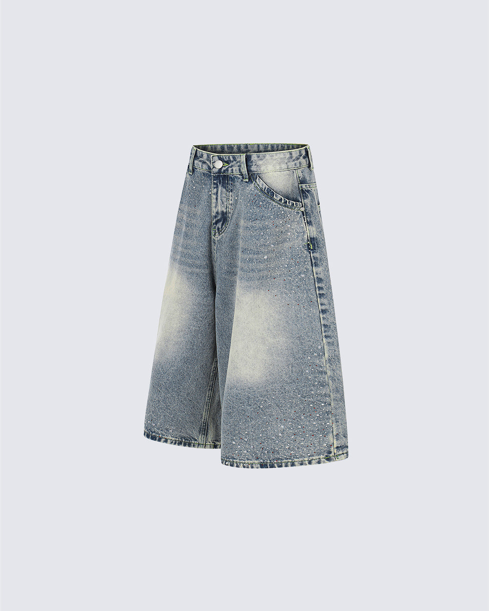 High Street New Rhinestone Washed Wide Denim Shorts