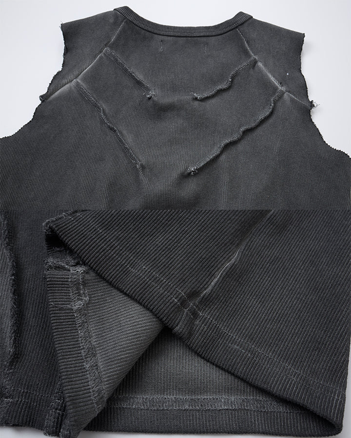 Dark Washed Distressed Sleeveless Ribbed Tank Top