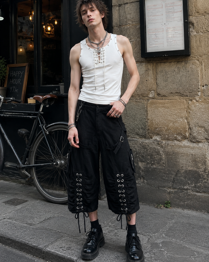 Distressed Cargo Wide-Leg Pants with Straps