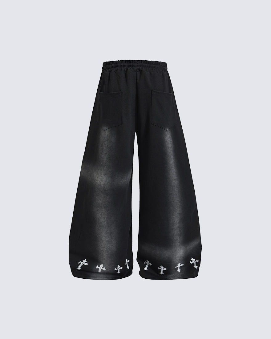 GRYFT Gothic Washed Cross Graphic Wide-Leg Pants