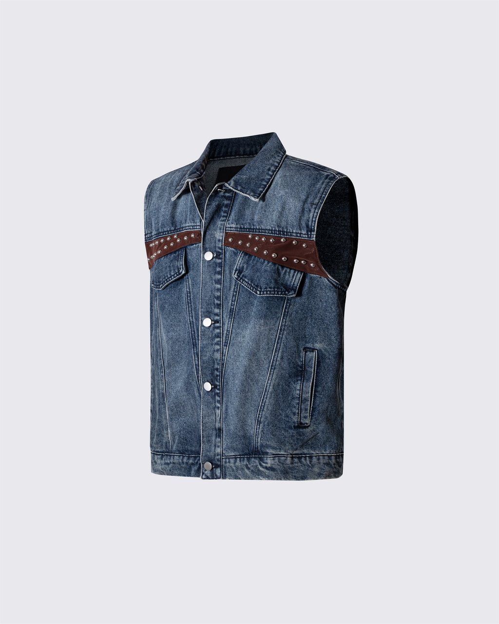 Leather Patch Studded Denim Vest