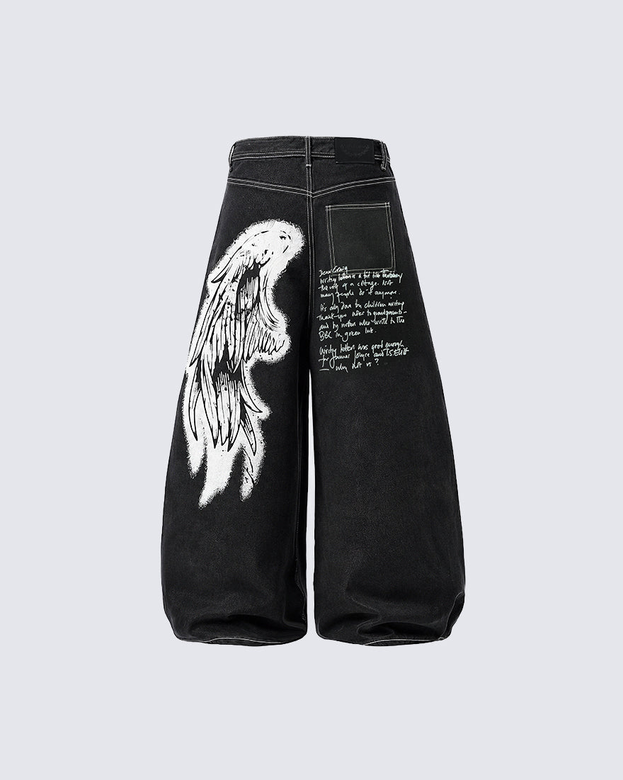 New Gothic Angel Wing Graffiti Wide Leg Jeans