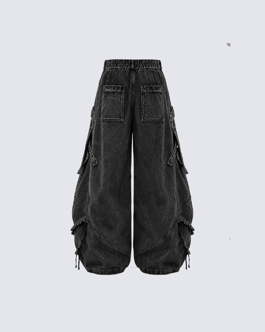 GRYFT Punk Washed Strap Cargo Wide-Leg Jeans