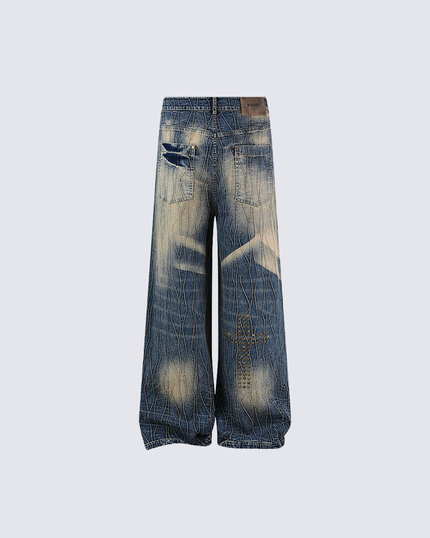 New Vintage Y2K Washed Cross Star Rhinestone Jeans