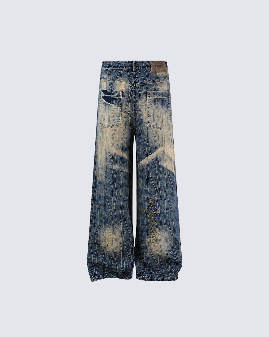 New Vintage Y2K Washed Cross Star Rhinestone Jeans