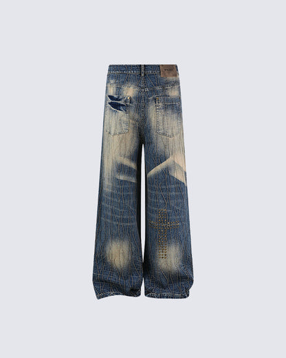 New Vintage Y2K Washed Cross Star Rhinestone Jeans