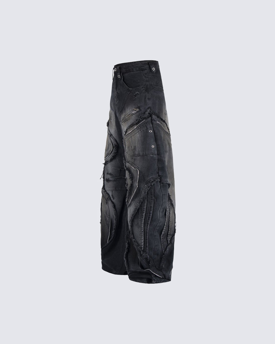 Dark Wavy Zipper Deconstructed Wide Denim Pants New