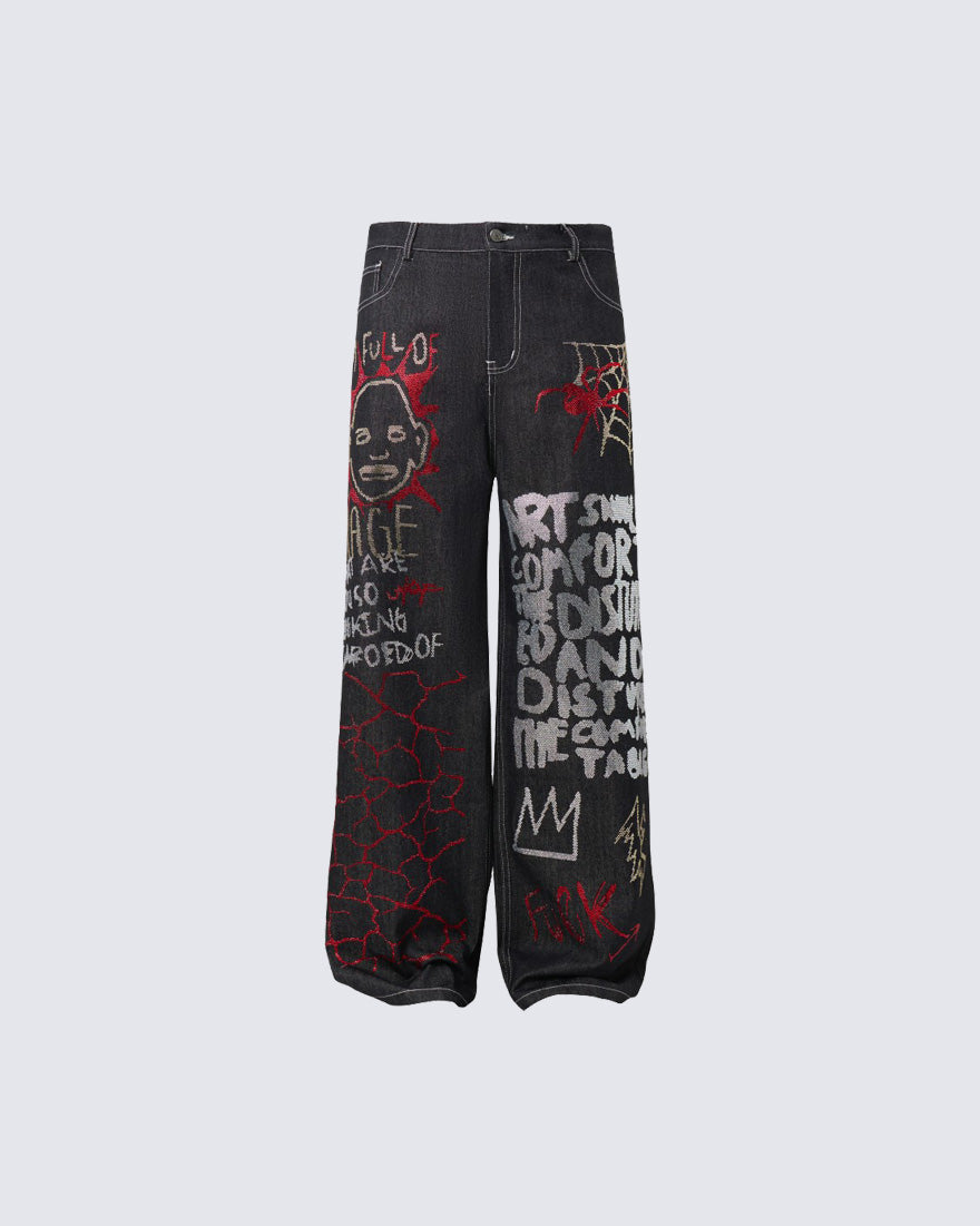 High Street Dark Style Graffiti Embroidered Jeans