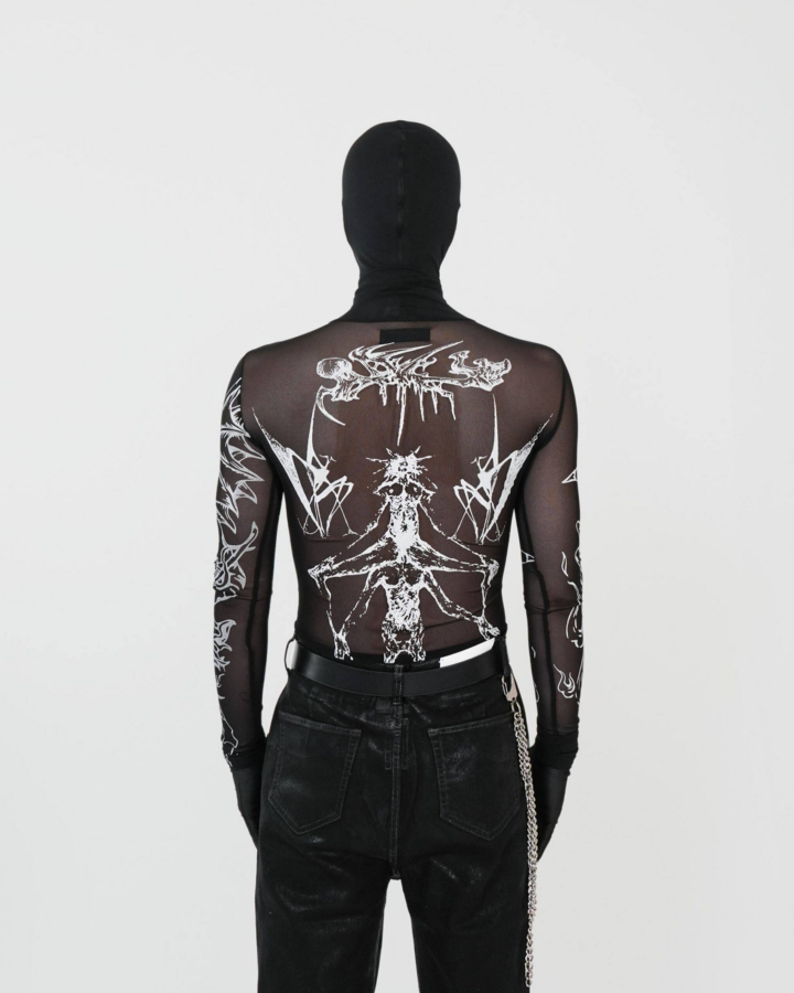 Gothic Mesh Long Sleeve Top with Graphic Print