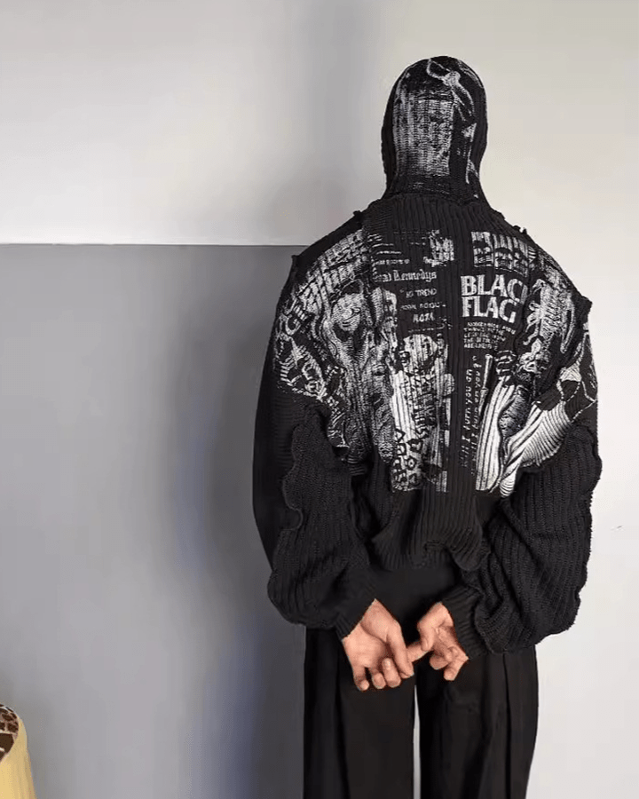 Punk Graphic Distressed Knit Hoodie