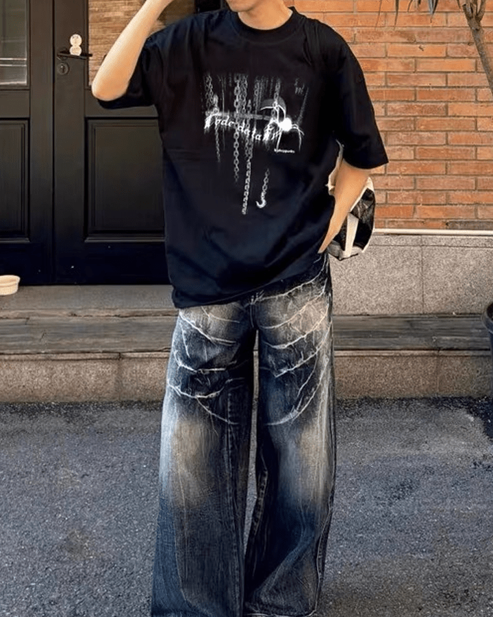 Gothic Chain Print Oversized Black T-Shirt