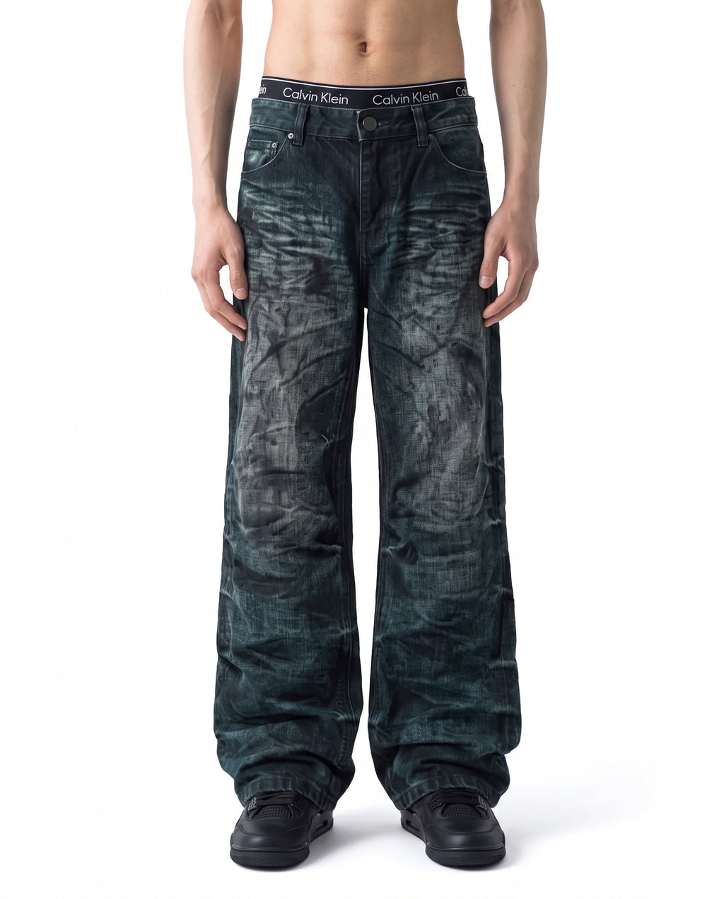 GRYFT Vintage Dirty-Washed Textured Wide-Leg Jeans