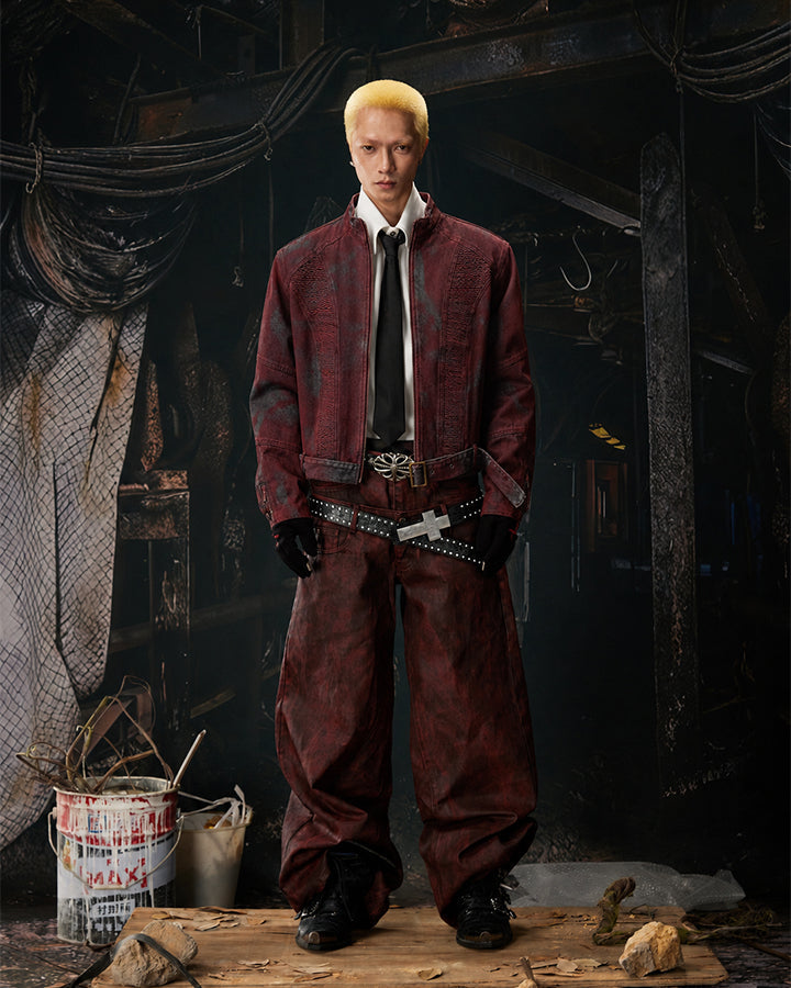 New Red Acid Wash Gothic Wide Leg Jeans
