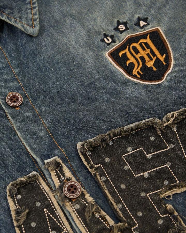 Vintage Distressed Denim Short-Sleeved Shirt