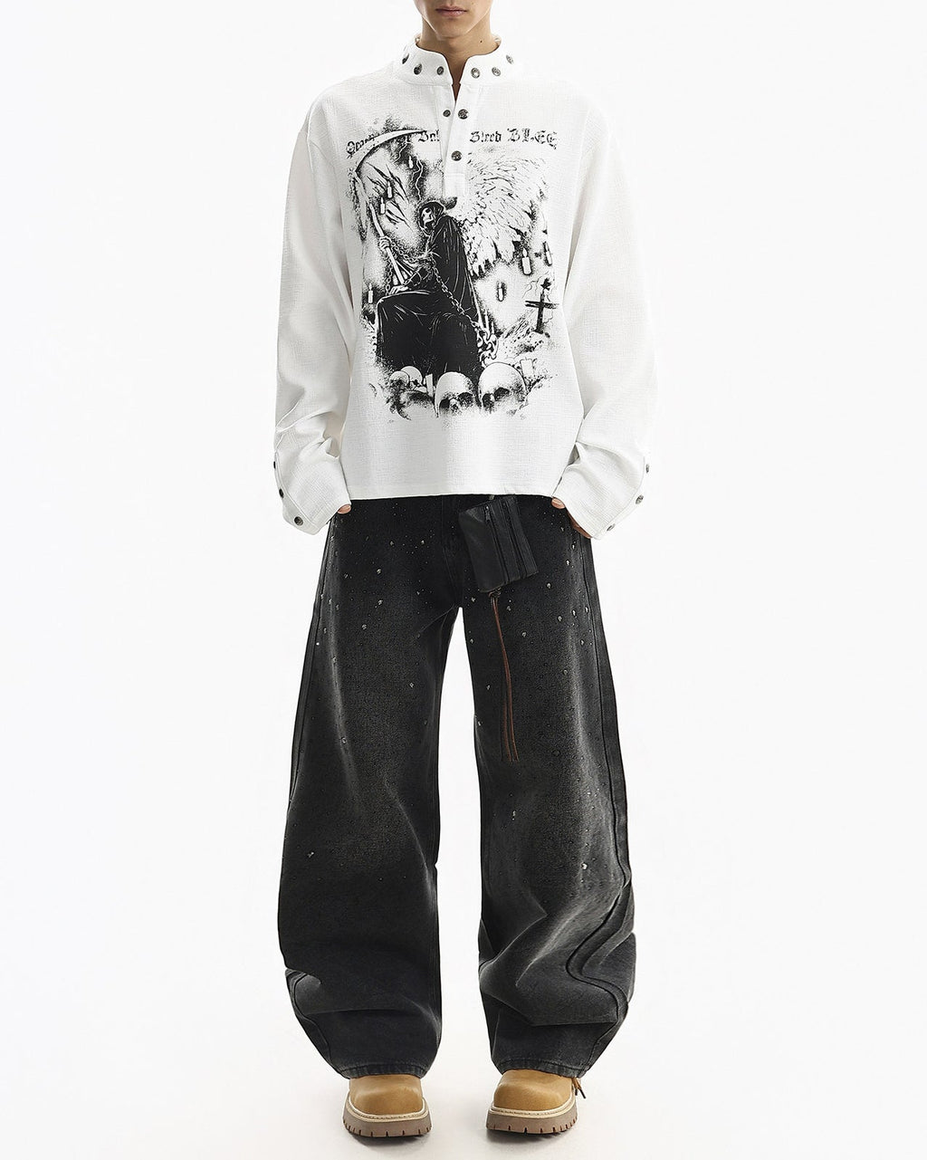 Street Printed Stand Collar Long Sleeve Polo Shirt