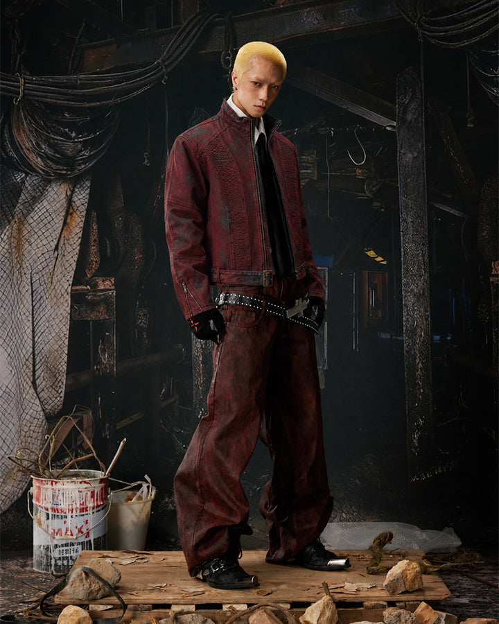 New Red Acid Wash Gothic Wide Leg Jeans