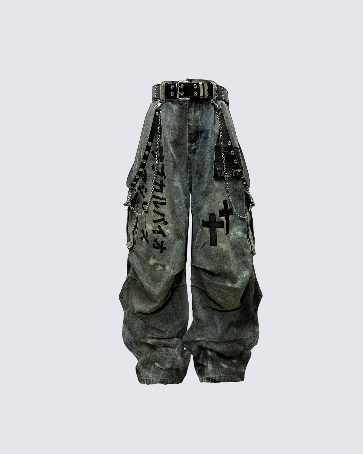 Dark Graffiti Patchwork Cargo Jeans（Free Belt and Chain Included）