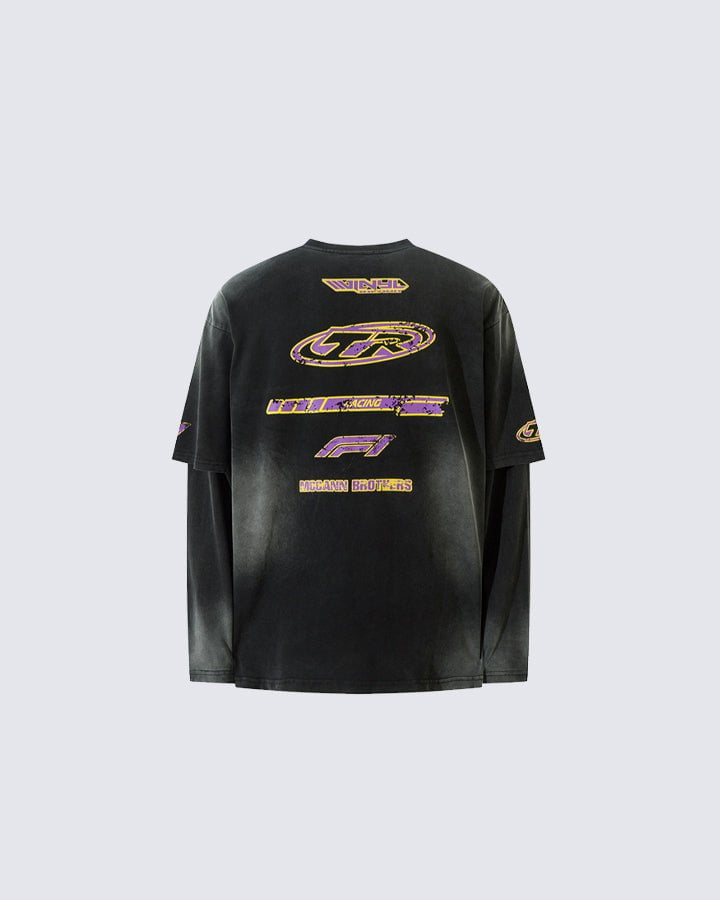 Racing Style Fake Two-Piece Long-Sleeved T-Shirt