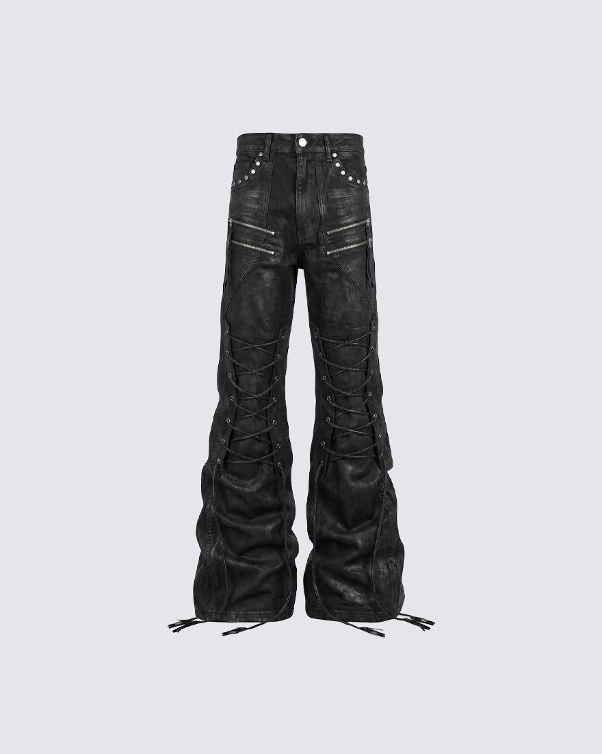 GRYFT Gothic Washed Lace-Up Flared Black Pants