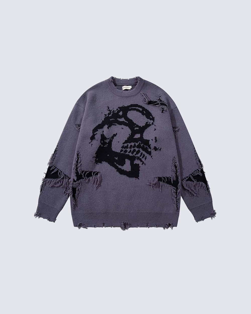 American Retro Skull Jacquard Raw-Edge Long-Sleeve Sweater