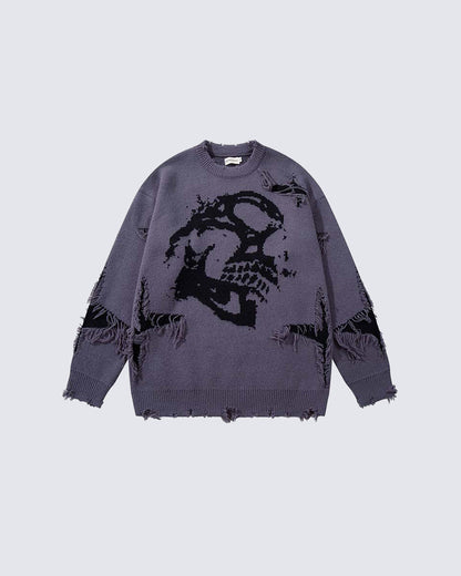American Retro Skull Jacquard Raw-Edge Long-Sleeve Sweater