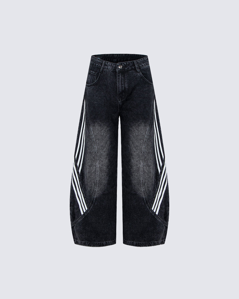 Striped Panel Washed Denim Pants