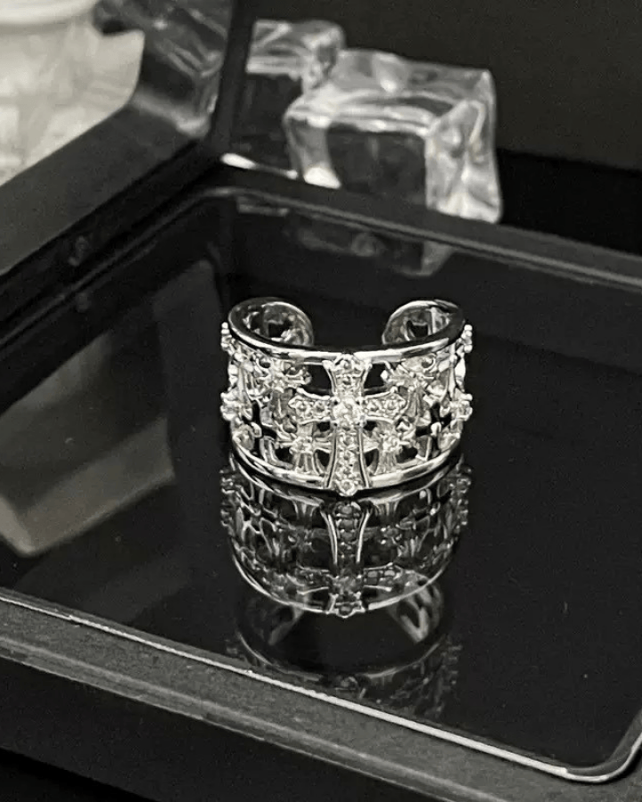 Gothic Cross Inlaid Zircon Open Ring