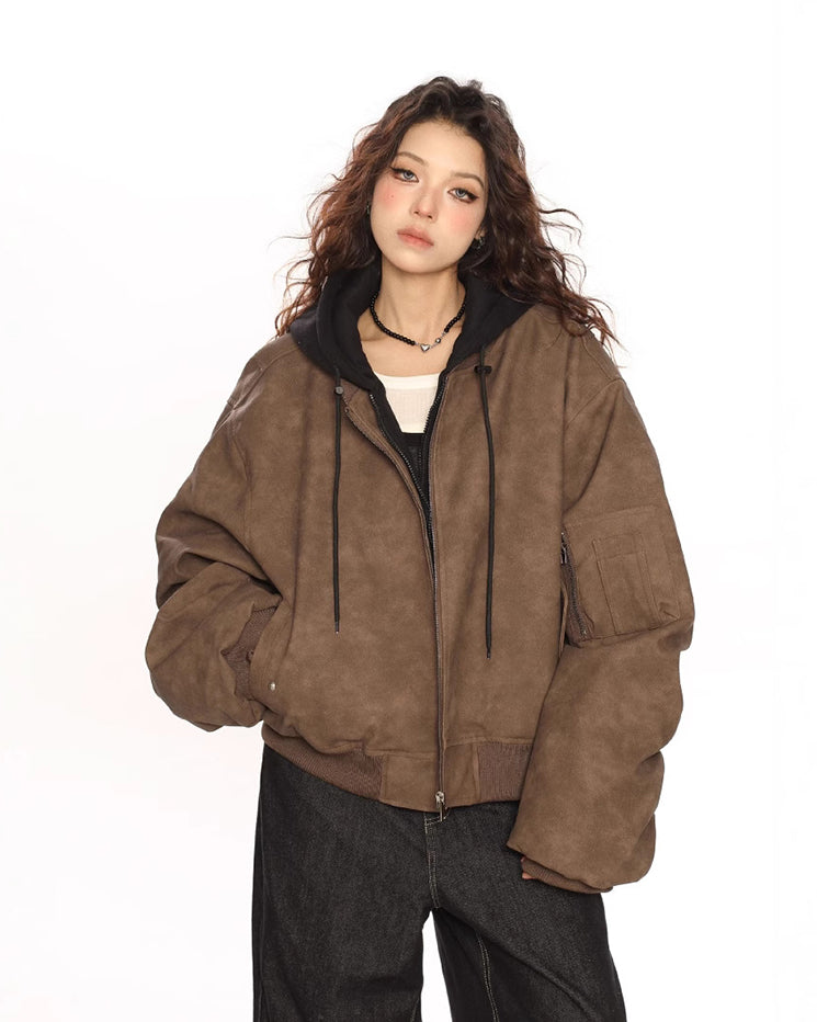 Black Leather Bomber Hoodie Jacket
