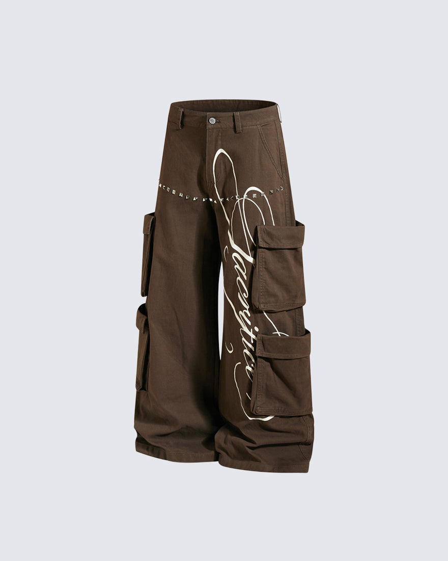 GRYFT Street Studded Graphic Multi-Pocket Wide-Leg Pants